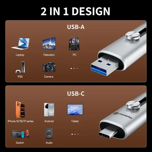Miniatura 4 de PHIXERO Unidad USB de 128 GB SSD externo de hasta 1100 MB/s, USB 3.2 Gen2 Flash Drive Dual Puertos Portátil Pulgar SSD Stick con USB A y Tipo C