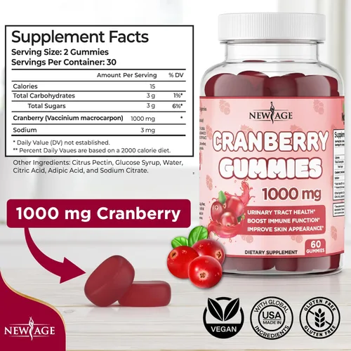 Miniatura 2 de NEW AGE Gomitas de arándano para la salud del tracto urinario, 1000 mg - Apoya la vejiga, los riñones, las infecciones urinarias