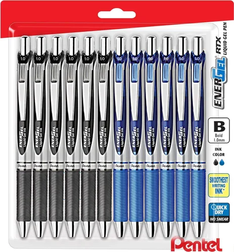 Pentel Energel - Bolígrafo de tinta de gel líquido, punta gruesa RTX retráctil Deluxe de 0.039 pulgadas, punta de metal, paquete a granel de 12; 6