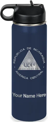 Miniatura 49 de LaserGram Botella de agua personalizada, bandera de Nicaragua, acero inoxidable de doble pared aislada al vacío con popote superior, regalo grabado