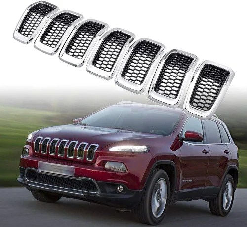 Miniatura 8 de Kit de 7 piezas de cubierta de rejilla de anillo de malla cromada negra compatible con Jeep Cherokee 2014-2018 2015 2016 2017