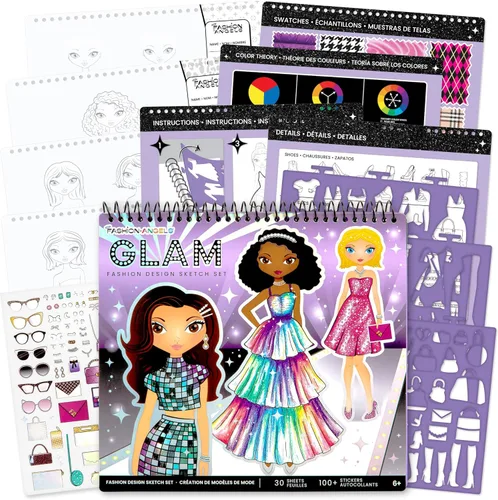 Miniatura 11 de Fashion Angels Cuaderno de bocetos de diseño de moda - Libro de bocetos para principiantes, bloc de bocetos con plantillas y calcomanías para niños
