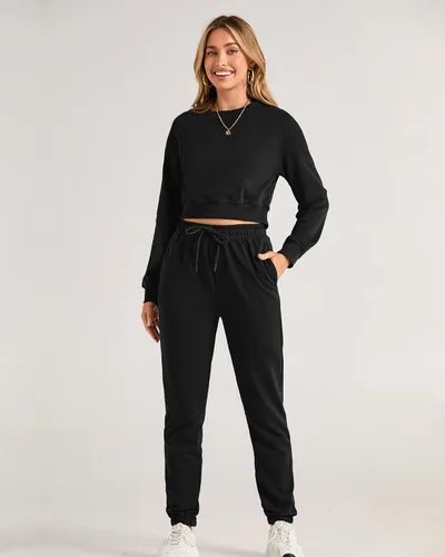 Miniatura 62 de BTFBM Conjunto deportivo de 2 piezas para mujer, camiseta corta de manga larga, sin botones, pantalón con cordón ajustable, pantalones deportivos
