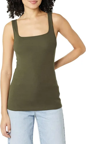 Miniatura 2 de Tienda Essentials Camiseta de tirantes de cuello cuadrado ajustada para mujer, paquete de 2