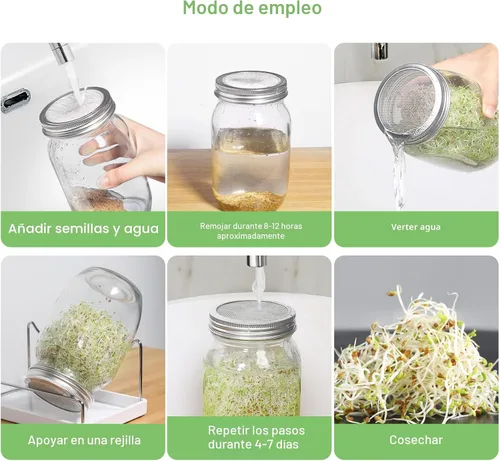 Miniatura 4 de Kit de tarros de germinación de semillas – 2 tarros de masón de boca ancha con tapas de germinación de acero inoxidable 316, bandeja de goteo