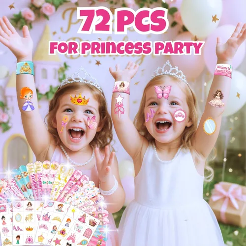 Miniatura 2 de Cherisnowy Juego de 72 piezas de fiesta de princesita – 48 tatuajes temporales y 24 pulseras de bofetada – Bonitos suministros de cumpleaños