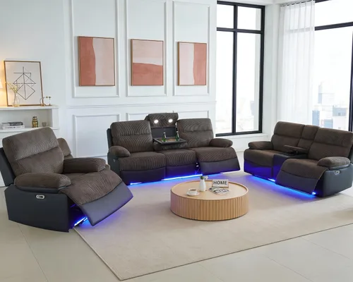Miniatura 37 de Juego de 3 piezas para sala de estar, sofá reclinable eléctrico de cuero con puertos USB, iluminación LED y portavasos, asientos de cine en casa