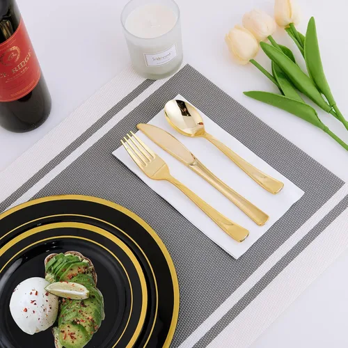 Miniatura 6 de 125 platos de plástico para cena de Halloween, incluye 25 platos de postre desechables y cubiertos desechables dorados, juego de vajilla para 25