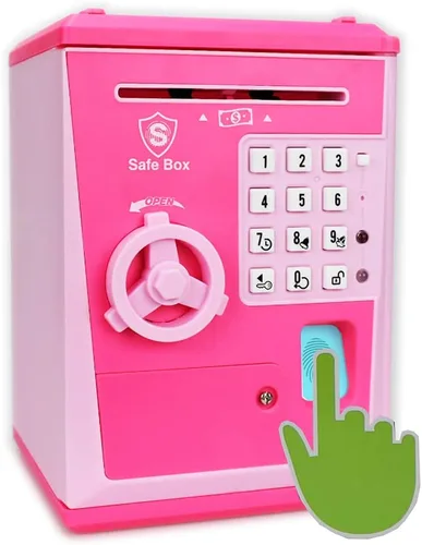 Miniatura 7 de Caja fuerte para niños con contraseña por huella dactilar, alcancía parlante con diseño de cajero automático para dinero real, juguete de regalo