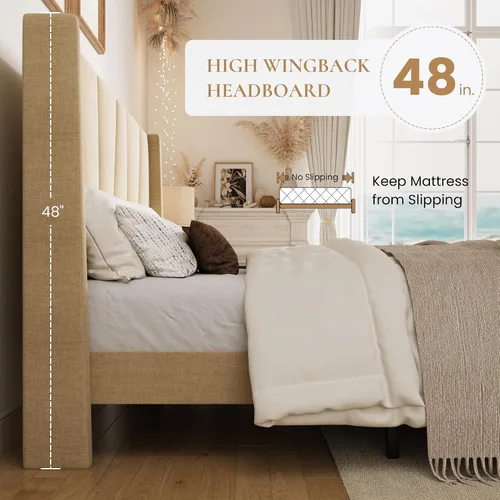 Miniatura 5 de SHA CERLIN Base de cama tamaño King con cabecera geométrica con respaldo de ala, cama de plataforma tapizada con espacio debajo de la cama de 8 Beige