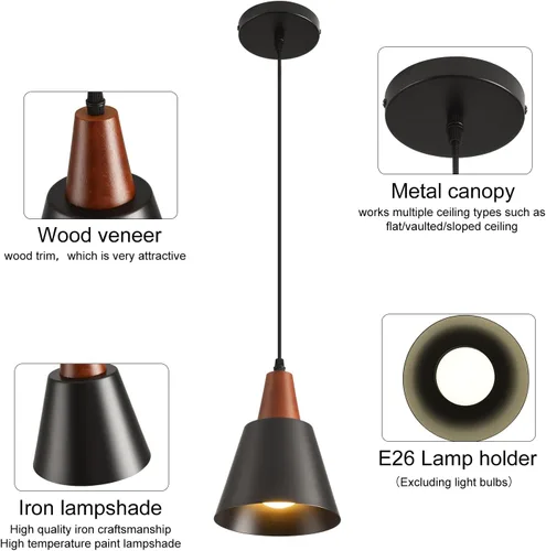 Miniatura 5 de Paquete de 2 luces colgantes, luces colgantes negras para isla de cocina, cúpula de madera, luces colgantes industriales minimalistas para isla