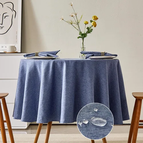 Miniatura 8 de Mantel redondo de lino, mantel de estilo granja impermeable y resistente a las manchas, cubierta de mesa de decoración falsa lavable para cocina