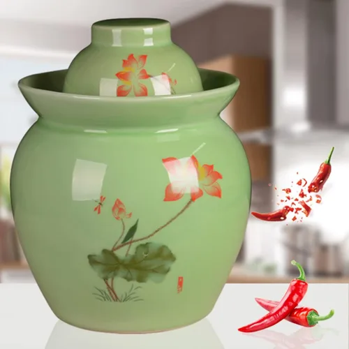 Miniatura 4 de ZHOUXIAO Tarro de fermentación tradicional de cerámica para pepinillos, tarro de fermentación chino con patrón de loto, tanque de fermentación