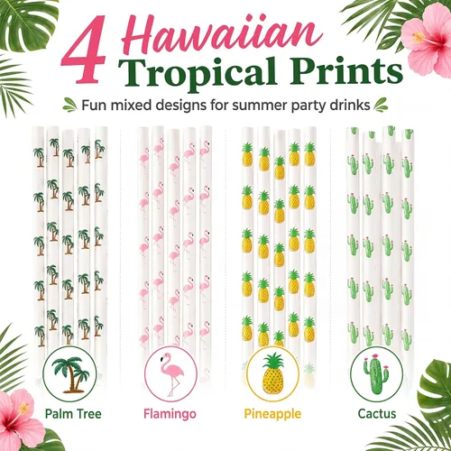 Miniatura 3 de ALINK Paquete de 100 pajitas de papel tropicales – Pajitas biodegradables de 7.75 pulgadas para fiesta de Hawaii con diseños de flamenco, piña