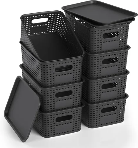 Cesta de almacenamiento de plástico con tapa, contenedores pequeños apilables para organización y contenedores para estantes, cajones, escritorio,