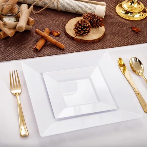 Miniatura 6 de Liacere 100 piezas de platos cuadrados de plástico blanco - 50 piezas de platos de cena resistentes de 9.5 pulgadas y 50 piezas de platos de postre