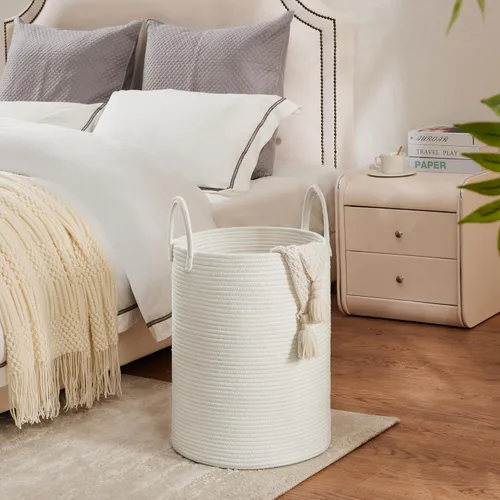 Miniatura 5 de Youdenova - Cesta de cuerda de algodón para la ropa sucia, 72 litros, plegable, cesta de almacenamiento de ropa para mantas, organización de Blanco