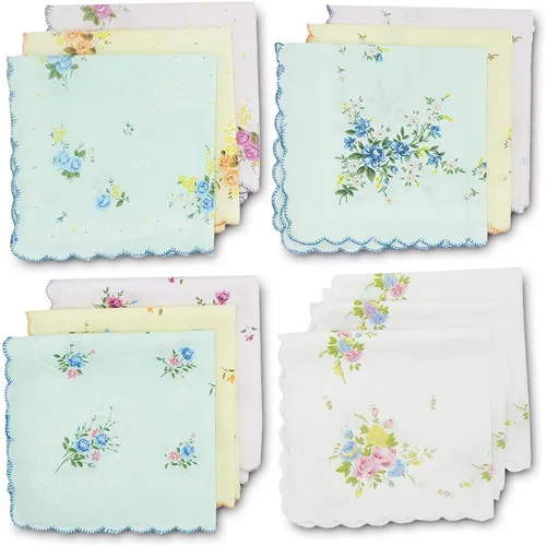 Miniatura 2 de GB - Pañuelos 100 algodón para mujer surtidos con borde ondulado y estampado floral 12 piezas