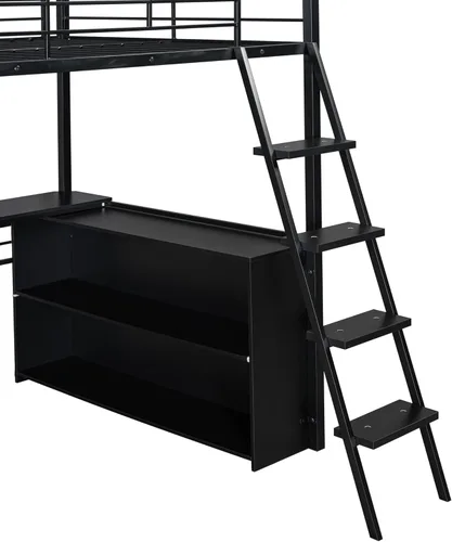 Miniatura 5 de P PURLOVE Cama tipo loft de tamaño matrimonial con escritorio para niños, cama alta de metal con LED y 4 estantes de almacenamiento, marco de cama