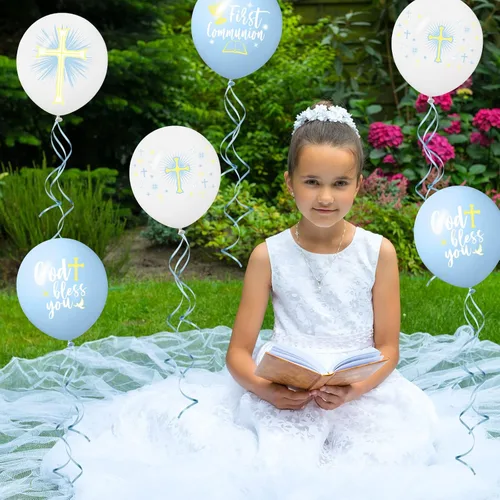 Miniatura 6 de Skylety Globos de látex con 48 palomas cruzadas, globos de bautismo de 12 pulgadas para primera comunión y bautizo (azul)