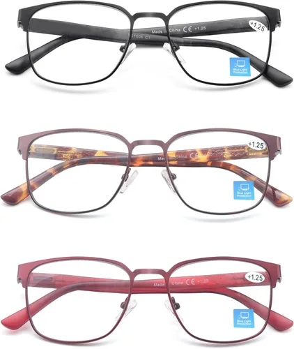 HEEYYOK Paquete de 3 lentes de lectura para hombres y mujeres, con bloqueo de luz azul, lectores de metal, anteojos ligeros, antideslumbramiento,