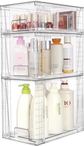 Miniatura 4 de Vtopmart Paquete de 3 cajones de almacenamiento apilables transparentes, organizadores de baño fáciles de montar y almacenamiento con asas, cajones