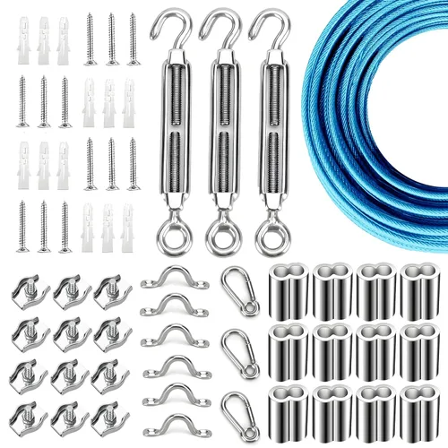Miniatura 17 de Kit de suspensión de luces de cuerda de globo, cable guía de luz para exteriores, cable de acero inoxidable recubierto de vinilo, incluye 50 pies