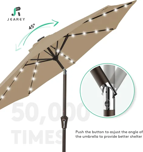 Miniatura 8 de JEAREY Sombrilla de exterior de 9 pies con luces solares, sombrilla de piscina con luz LED, inclinación y manivela, sombrillas de mesa para terraza