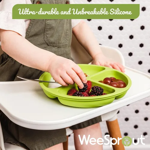 Miniatura 7 de Platos de silicona 100% para niños pequeños Juego de 3 piezas Platos de bebé con división No tóxicos, sin BPA Apto para lavavajillas y Azul