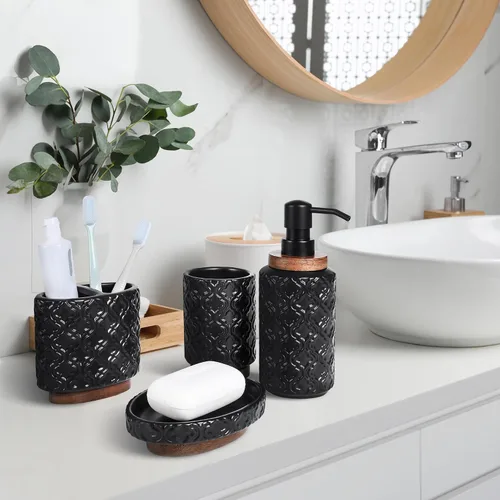 Miniatura 4 de RQYIXI - Juego de accesorios de baño de 4 piezas, soporte para cepillo de dientes, dispensador de jabón, decoración de baño de cerámica y madera