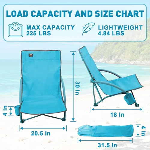 Miniatura 2 de Paquete de 2 sillas bajas de playa, sillas reclinables plegables para adultos, sillas de camping ligeras de asiento bajo con soporte para tazas, Azul