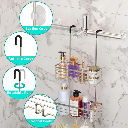 Miniatura 2 de HapiRm Organizador de ducha colgante - Organizador de ducha sin perforaciones con ganchos, estantes de baño de acero inoxidable 304 a prueba