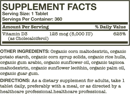 Miniatura 6 de Futurebiotics Vitamina D3 5,000 UI (125 MCG), Suplemento orgánico de vitamina D certificado por USDA, 360 tabletas