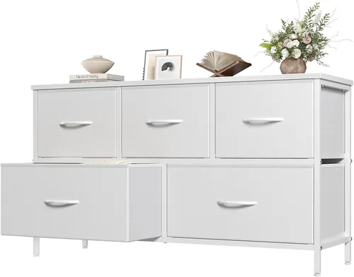 Miniatura 11 de OLIXIS Cómoda para dormitorio con 5 cajones, cómoda ancha, cómoda de tela para dormitorio con organizador de cajones, unidad organizadora de Roble
