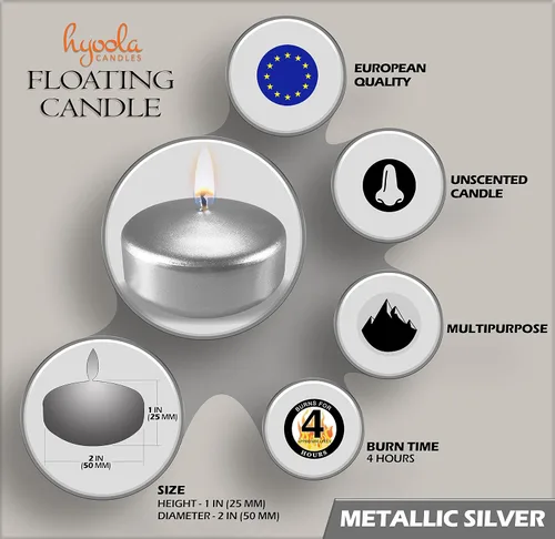 Miniatura 2 de Hyoola Velas flotantes plateadas metálicas de alta calidad de 2 pulgadas, 4 horas de tiempo de combustión, fabricadas en Europa, paquete de 10