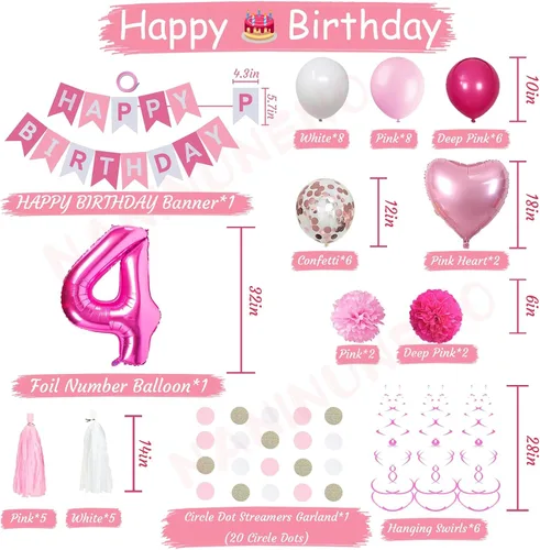 Miniatura 2 de Decoraciones de 4º cumpleaños para niñas, globos de feliz cumpleaños rosa y blanco con el número 4, suministros para fiesta de cumpleaños