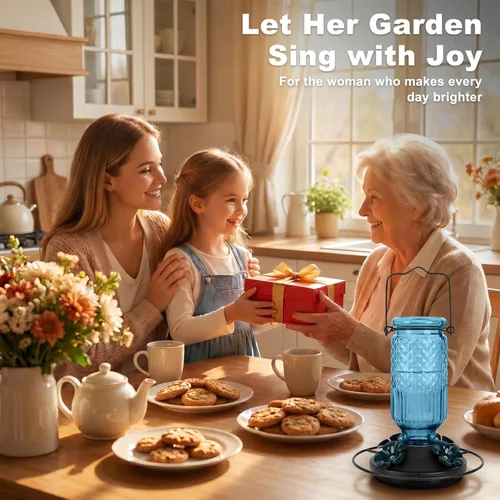 Miniatura 6 de FEED GARDEN Comedero de vidrio para colibríes para colgar al aire libre, comedero de colibríes de 16 onzas con 4 puertos de alimentación con Azul