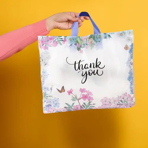Miniatura 5 de Purple Q Crafts Bolsas de agradecimiento con asa de bucle suave para negocios minoristas, paquete de 50 bolsas de plástico floral de 15 pulgadas
