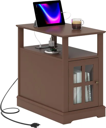 HOMCOM Mesa auxiliar con estación de carga, mesa auxiliar estrecha con puertos USB y tomas, mesa pequeña con almacenamiento oculto y estante abierto