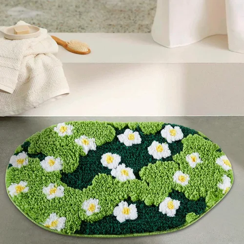 Miniatura 14 de Bonita Alfombra de Baño Verde Floral Hierba Primavera Flor Margarita Alfombras de Baño Antideslizantes Lavables a Máquina Súper Absorbentes