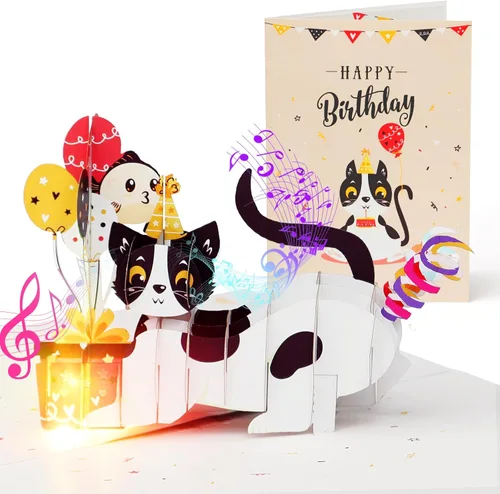 Tarjetas de cumpleaños, tarjeta de feliz cumpleaños ligera y música, divertida tarjeta de felicitación de cumpleaños de gato desplegable en 3D,