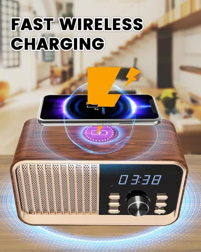 Miniatura 5 de MONODEAL Radio despertador con carga inalámbrica rápida, compatible con Bluetooth 5.3/radio FM/puerto USB/tarjeta TF/entrada auxiliar, altavoz