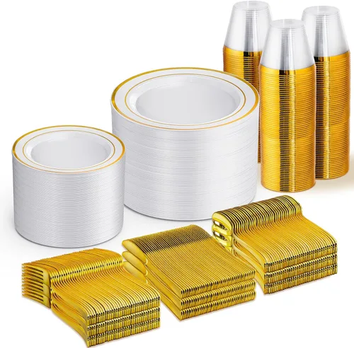 WELLIFE Juego de vajilla desechable de 600 piezas color dorado y blanco para 100 invitados, platos de plástico blanco con borde dorado, platos de