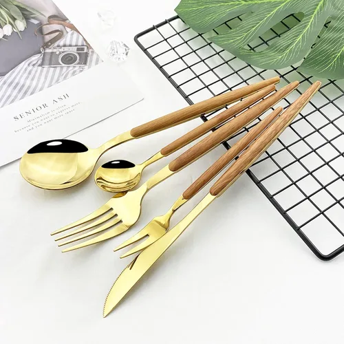 Miniatura 4 de JASHII Juego de cubiertos de madera de acero inoxidable de 20 piezas, mango de madera, cuchillo tenedor, cuchara, utensilios de cocina para 4