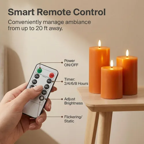Miniatura 2 de Eywamage Velas de pilar sin llama de otoño naranja con control remoto, velas LED parpadeantes de cera de Acción de Gracias, funciona