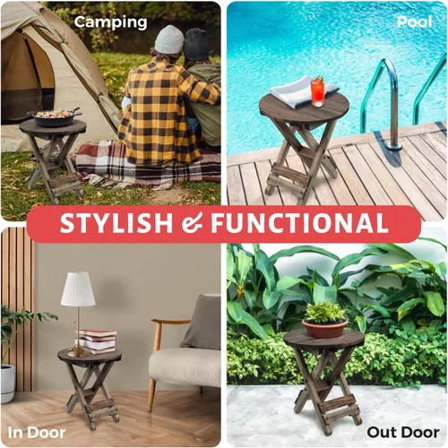 Miniatura 4 de Mesa de patio pequeña, mesa auxiliar plegable para exteriores, mesa auxiliar de café portátil, parte superior de madera para sala de estar