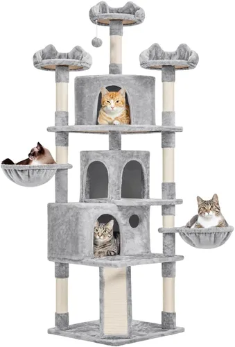 Yaheetech Árbol grande para gatos de 76.5 pulgadas, torre grande para gatos con 3 condominios, perchas de felpa acogedoras, 9 postes rascadores de
