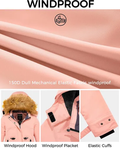 Miniatura 4 de Wantdo Chaqueta de esquí impermeable para niña, abrigo de invierno cálido con capucha de piel sintética