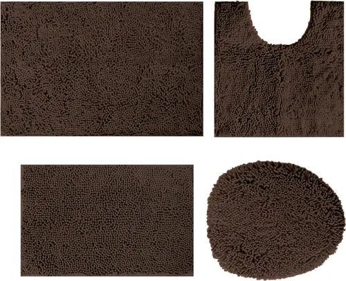 Miniatura 13 de Juego de 4 tapetes de baño de chenilla, tapete de baño de felpilla con parte inferior antideslizante de PVC, juego de alfombras de baño de absorción