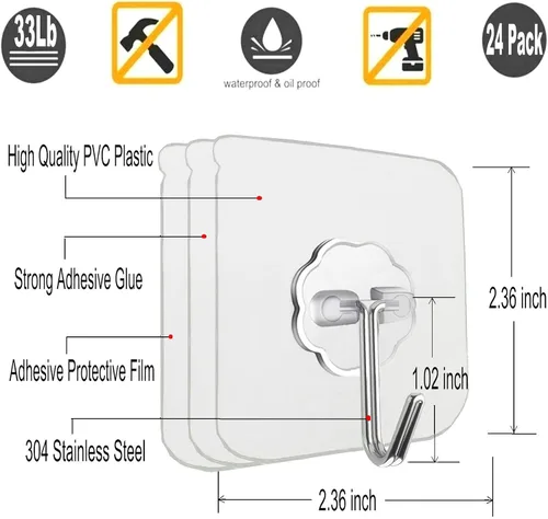 Miniatura 2 de Jwxstore Paquete de 12 ganchos autoadhesivos resistentes, 33 libras máximo, transparentes, impermeables, ganchos de pared adhesivos para llaves